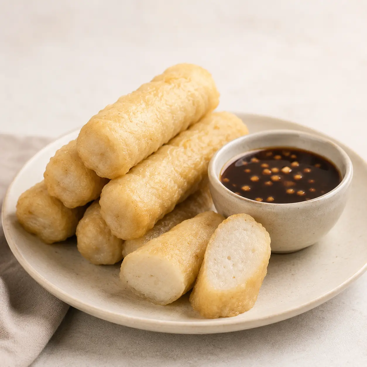 Pempek Lenjer disajikan dengan cuko